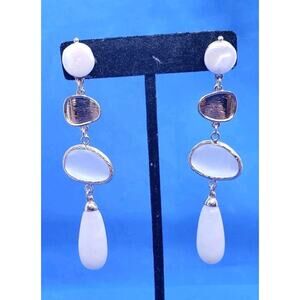 Vintage Earrings Long Dangle Genuine Pearl Selenite & Lucite Gold Toned Pierced